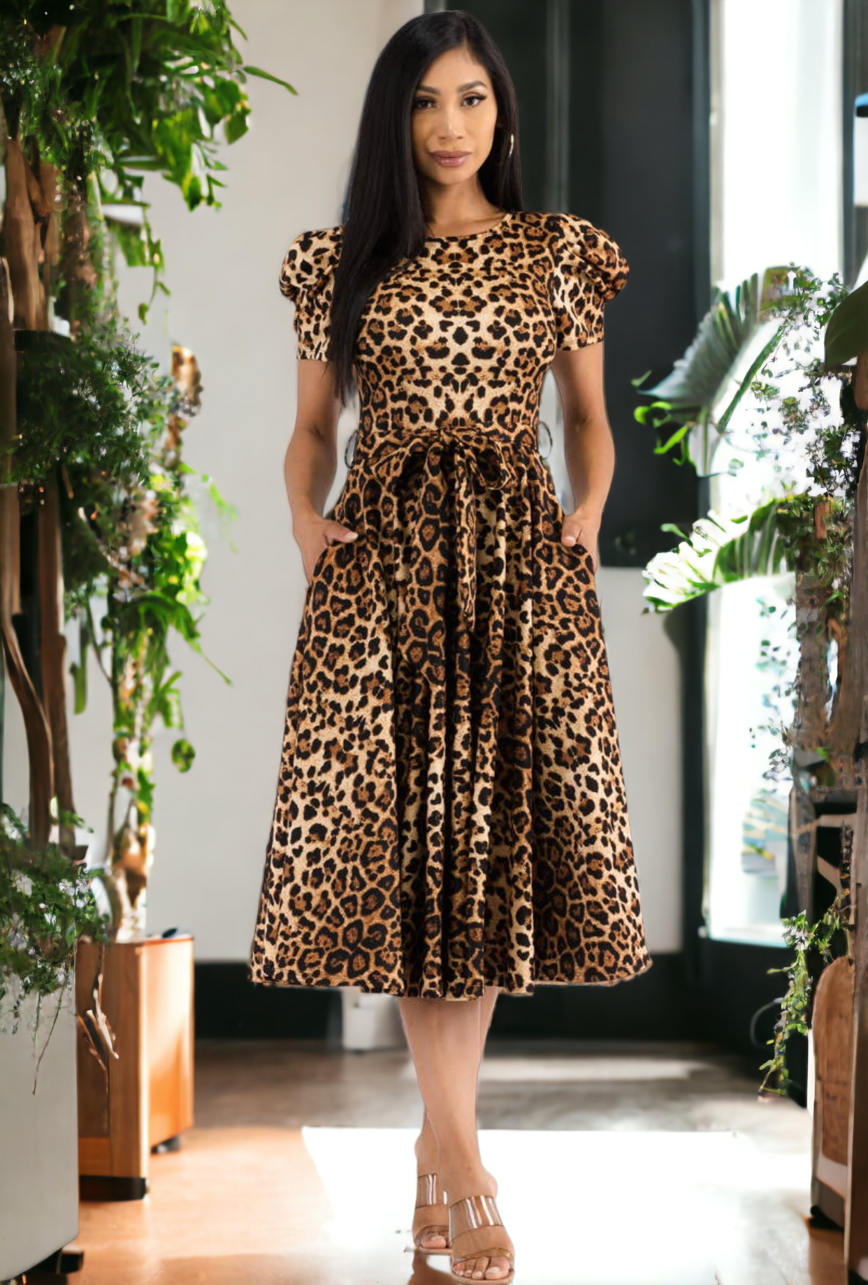 Puff Sleeve Leopard Print Dress, Sizes 1X - 3X (Dark Leopard Print)