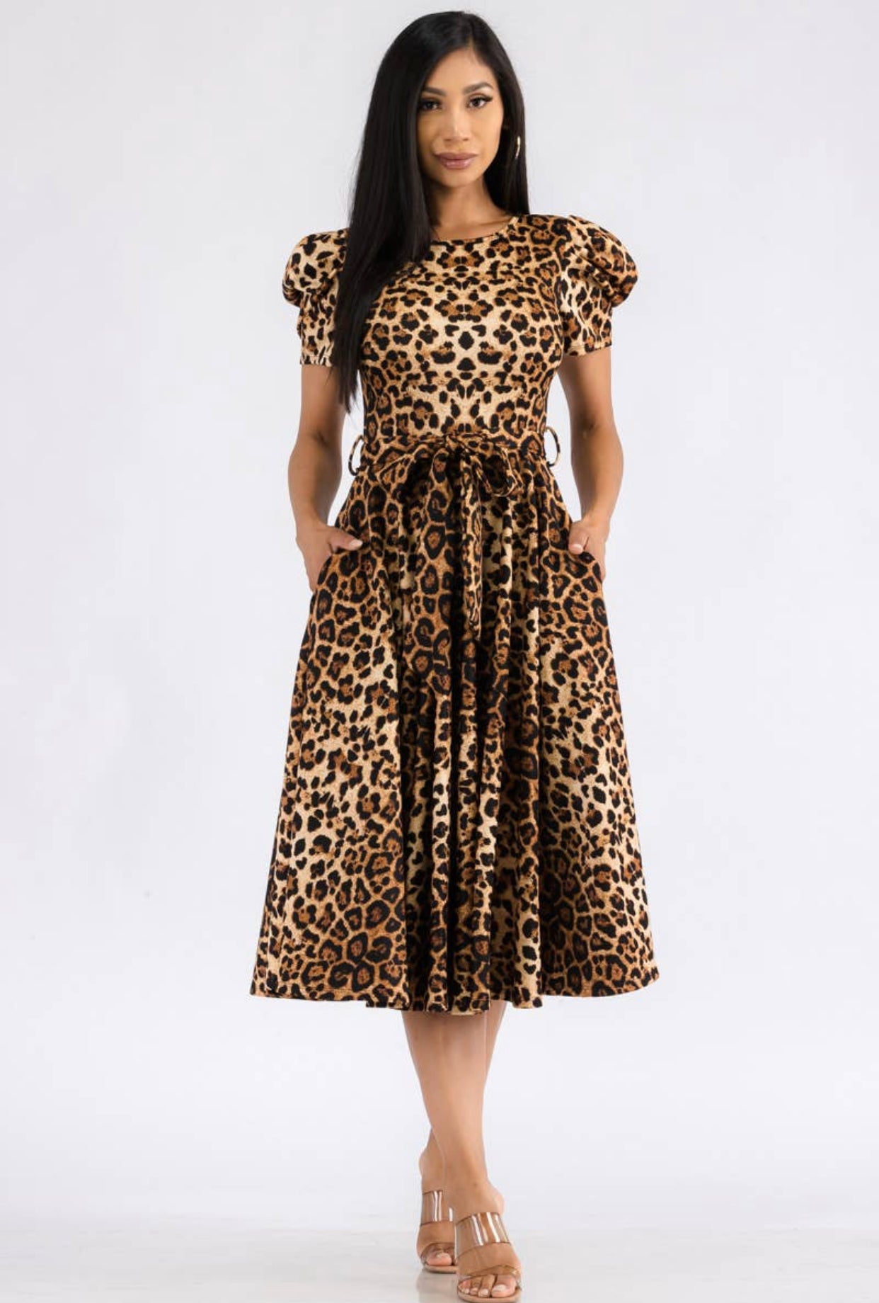 Puff Sleeve Leopard Print Dress, Sizes 1X - 3X (Dark Leopard Print)