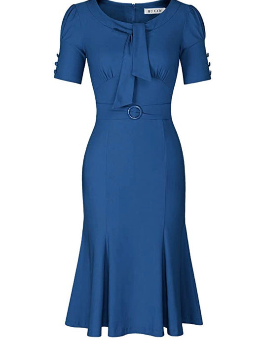 1950’s Style Short Sleeve Mermaid Dress, Size Large (Navy Blue)