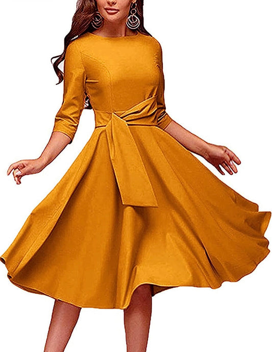 Elegant Audrey Hepburn Style Ruched 3/4 Sleeve Casual Swing A-line Dress (Yellow)
