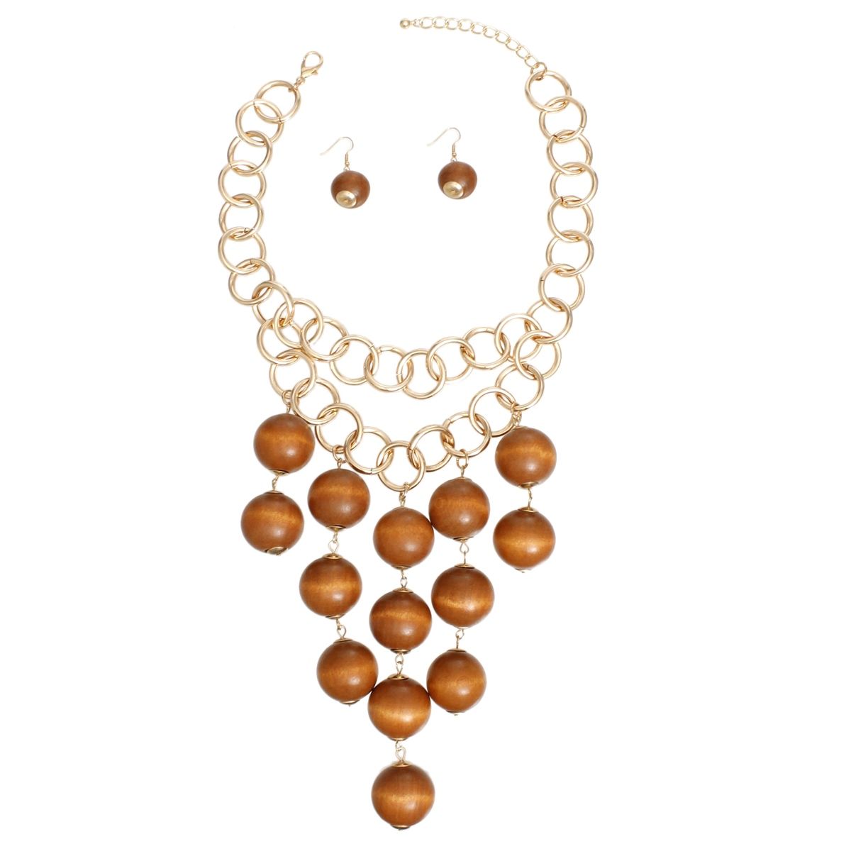 Bib Large Brown Wooden Ball Bead Drop Necklace