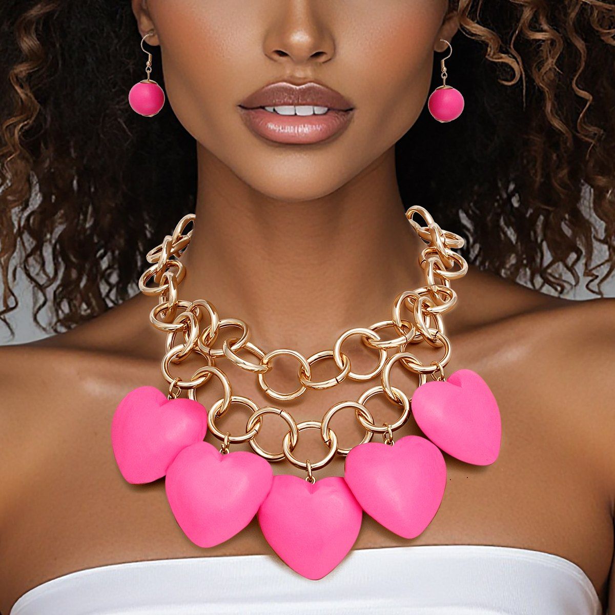 Bib Chunky Fuchsia Wooden Heart Bead Necklace