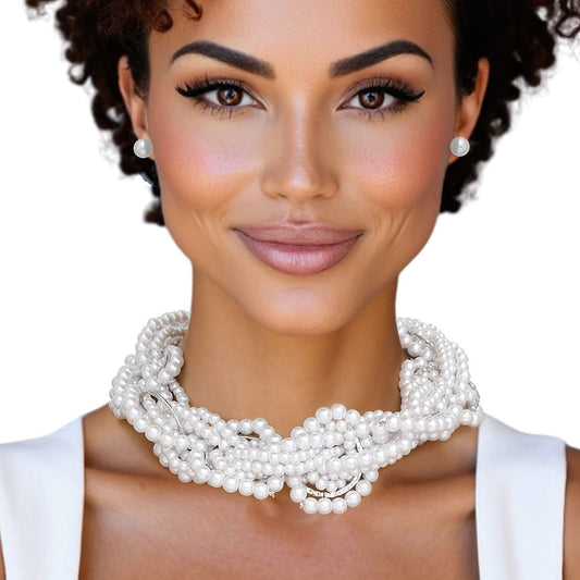 Choker White Woven Silver Ring Collar Necklace