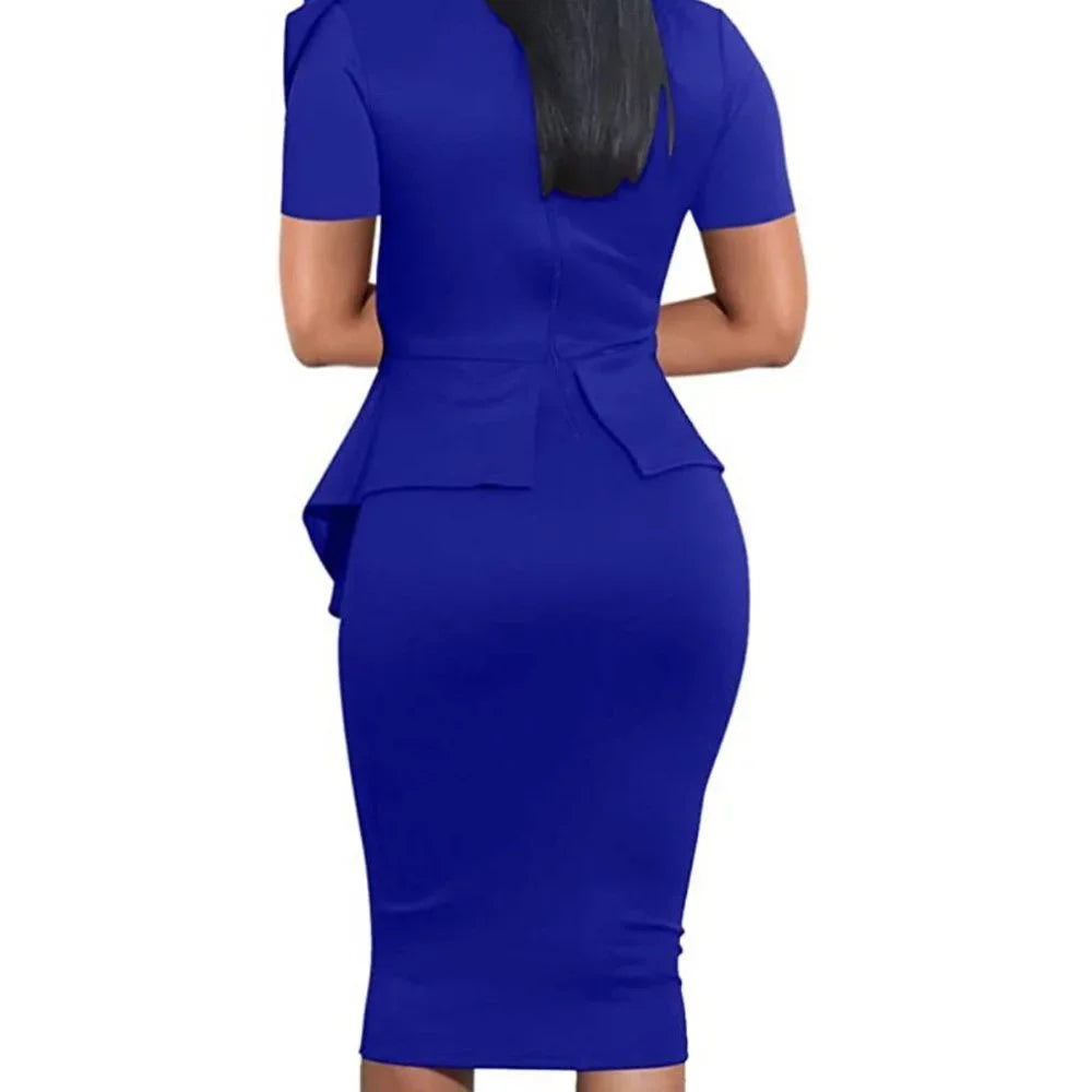 Peplum Short Sleeve Bow Knot Dress, US 16 Size XL (Blue)