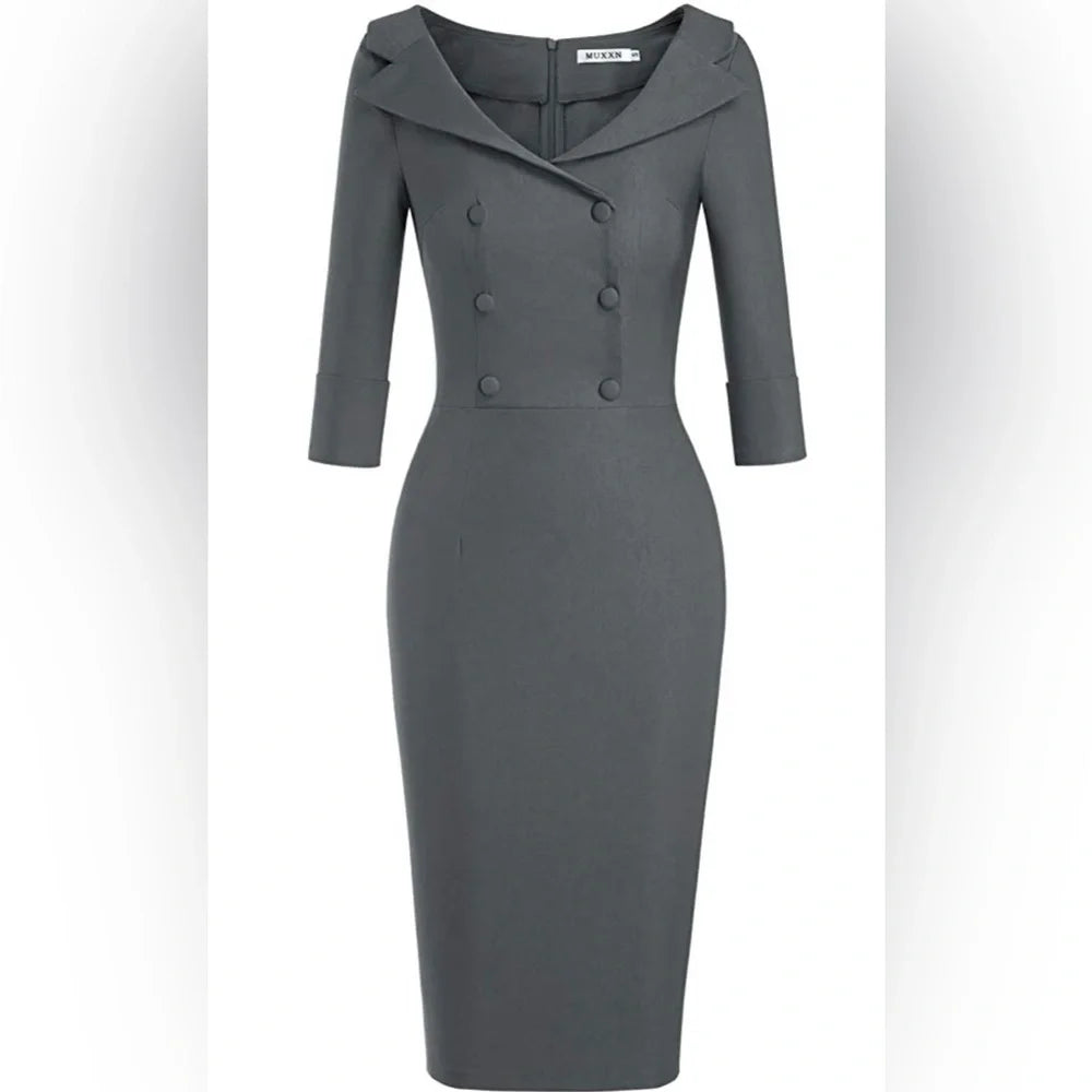 Vintage Inspired Sweetheart Neckline Dress, Gray, Size Large (US 8)