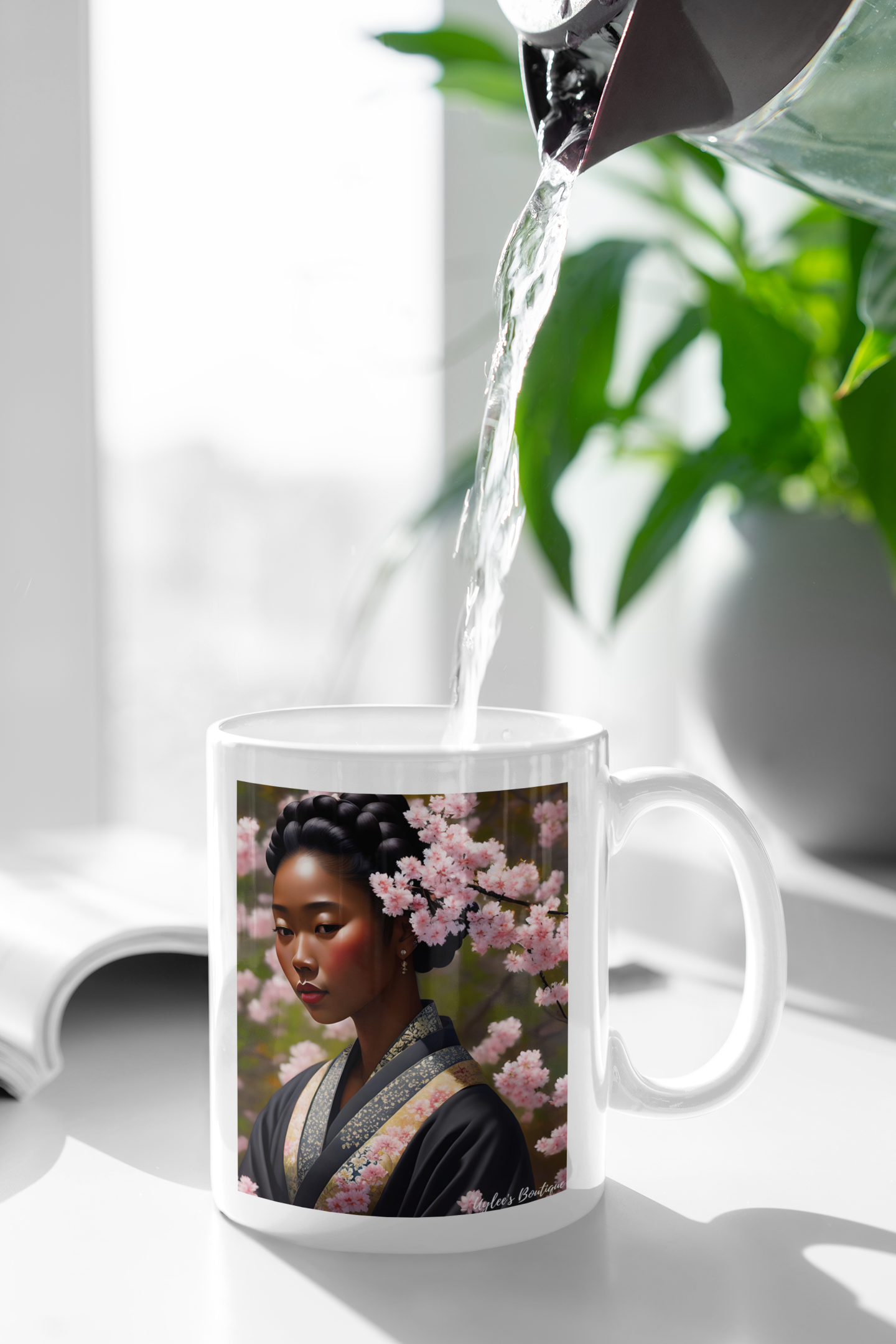 Beautiful Ceramic Custom Mug - Blasian Beauty in Braids and Cherry Blossoms