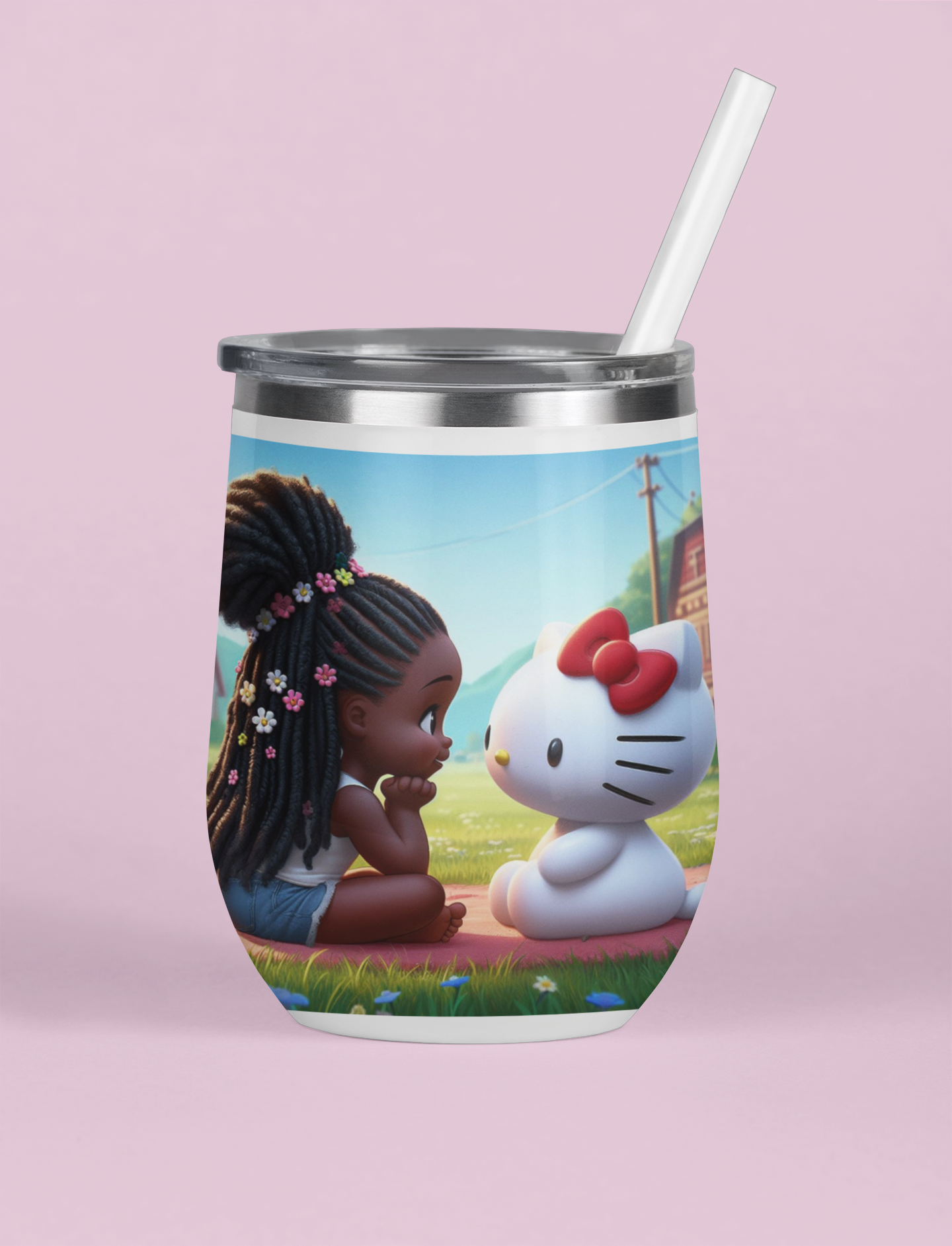 DIGITAL DOWNLOAD: With my Friend Hello Kitty - African American Little Girl with Braids
