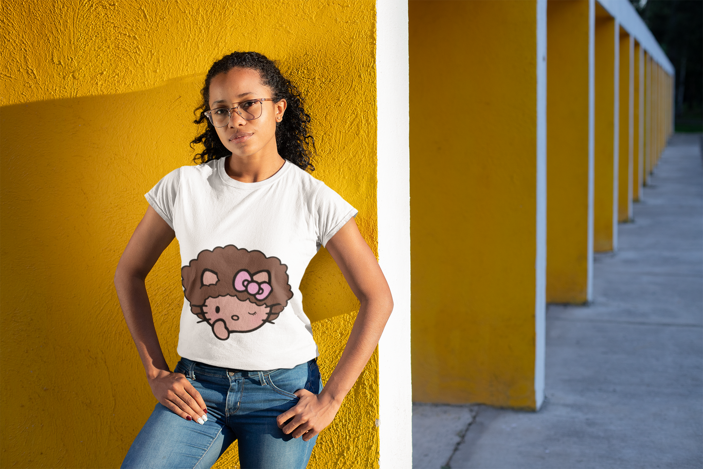 African American Kitty Inspired With Curly Hair Ladies T Shirt