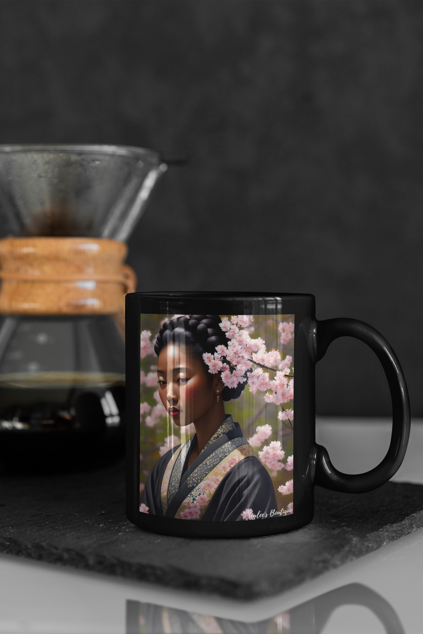 Beautiful Ceramic Custom Mug - Blasian Beauty in Braids and Cherry Blossoms
