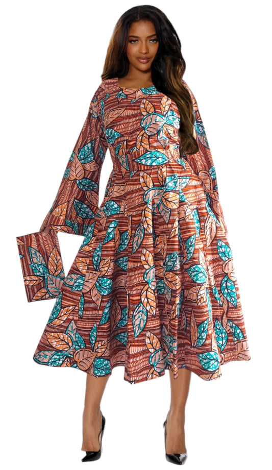 Long Bell Sleeve Panel Dress with Head Wrap (free size, Orange Brown Turquoise)
