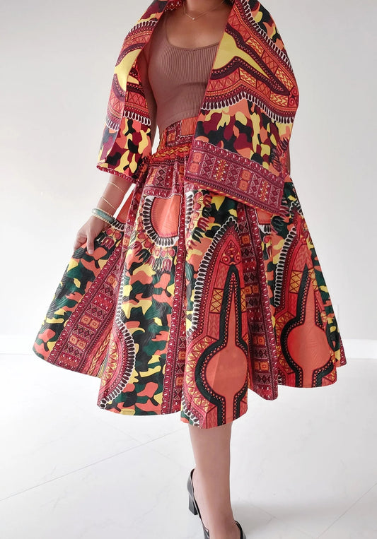 Women Mid Length Dashiki Print Skirt- Orange with headwrap (free size)