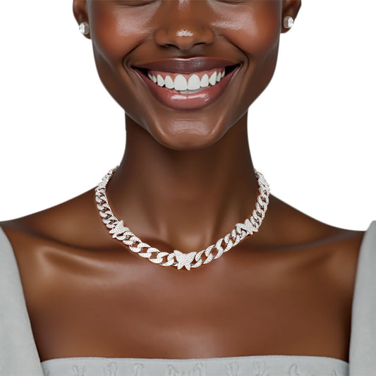 Chain Feminine Flair Iced Silver Butterfly Necklace