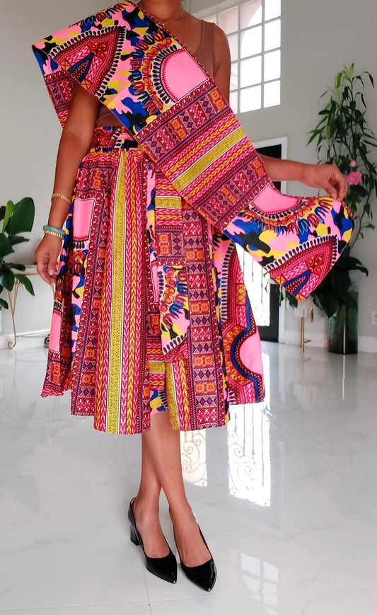 Women Mid Length Dashiki Print Skirt- Pink with headwrap (free size)