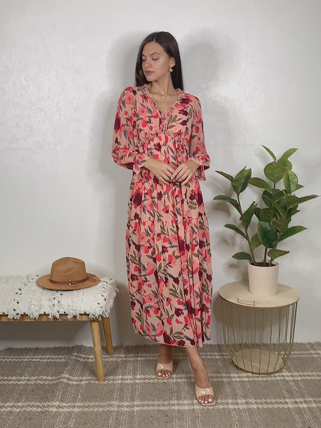 Floral Frill Trim Flounce Sleeves Plunge Maxi Dress