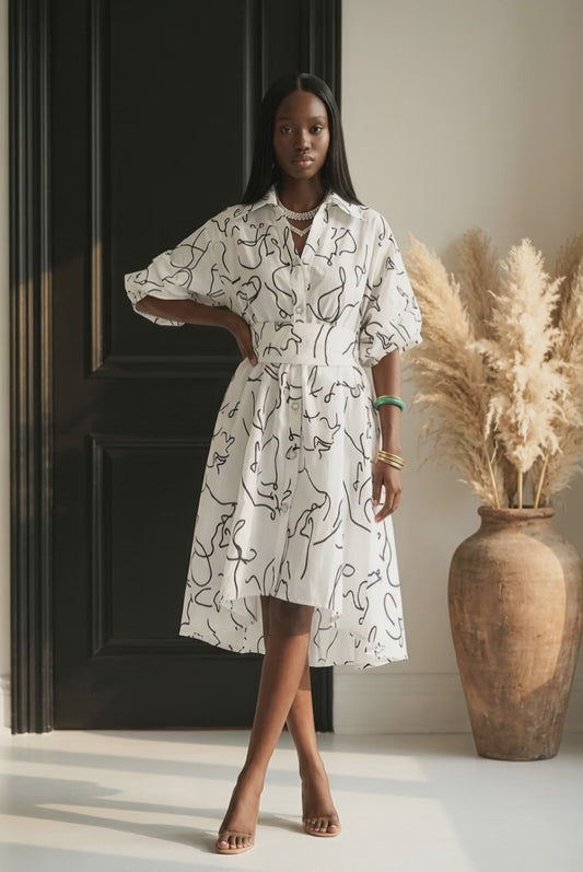 Swing Dress/ Faux Silk White/Black 758