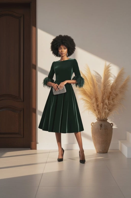 Velvet Midi Dress with Feather Cuffs, Three Color Choices