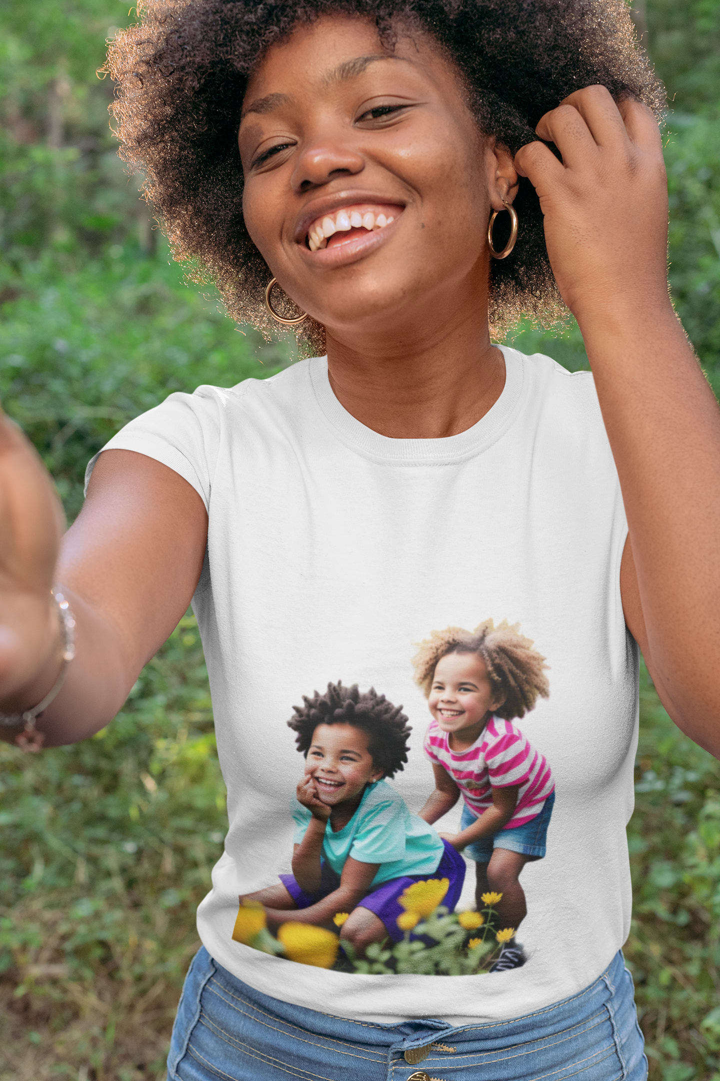 Sisters Playing In Flower Garden Ladies T Shirt