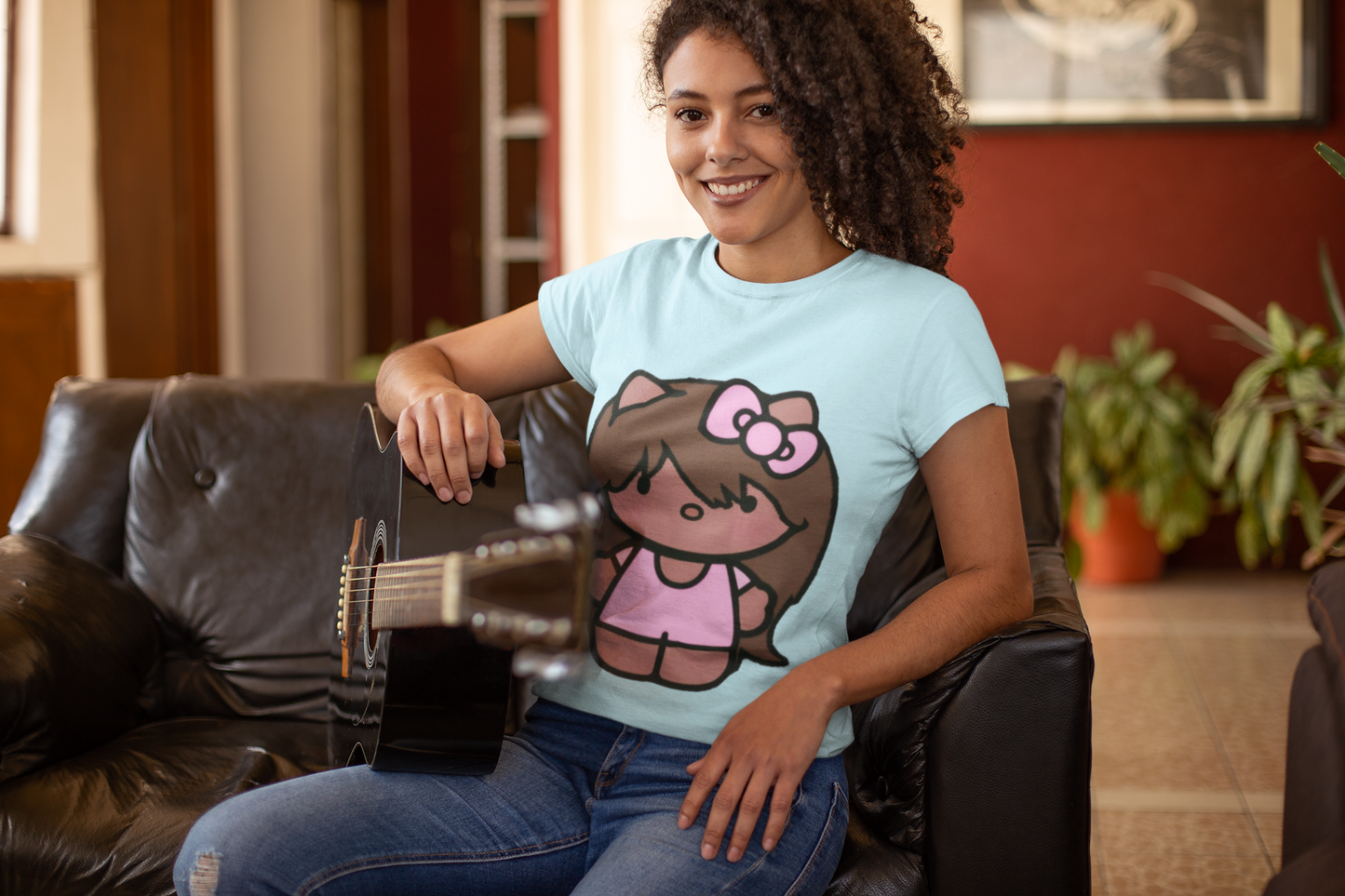 African American Kitty Inspired With Brown Hair Ladies T Shirt