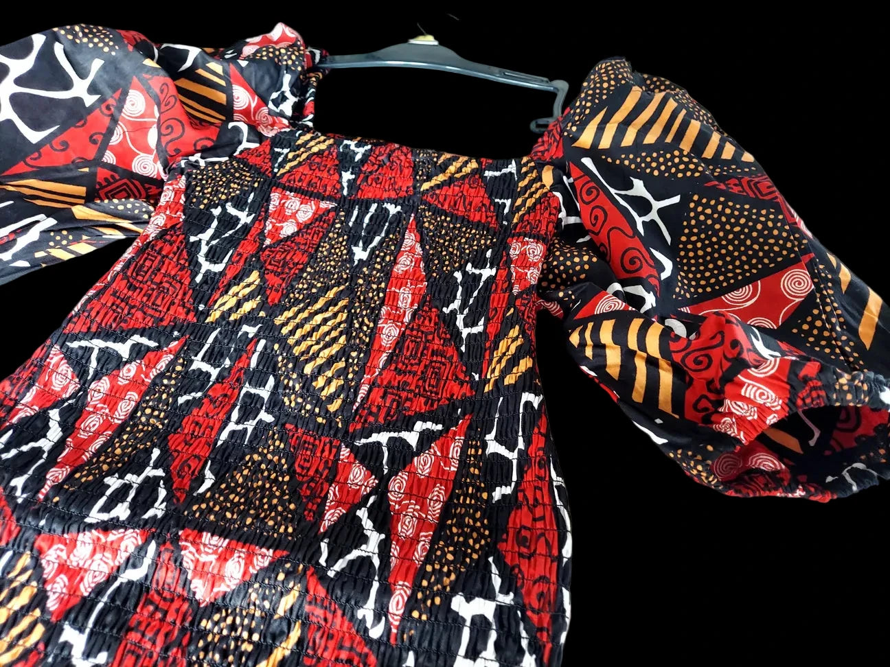 Fitted Smock Mid length Dress/ Puff Sleeve - Red Mosaic