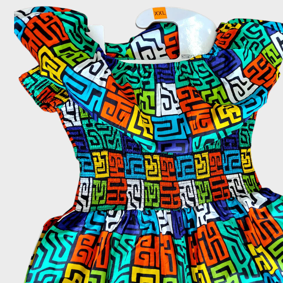 African Print Ruffled Neckline Jumpsuit / Romper (Blue)