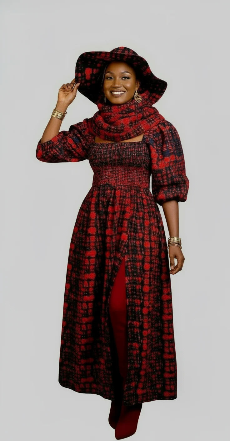 Maxi Slit Dress with Hat & Scarf Set SD01 Red