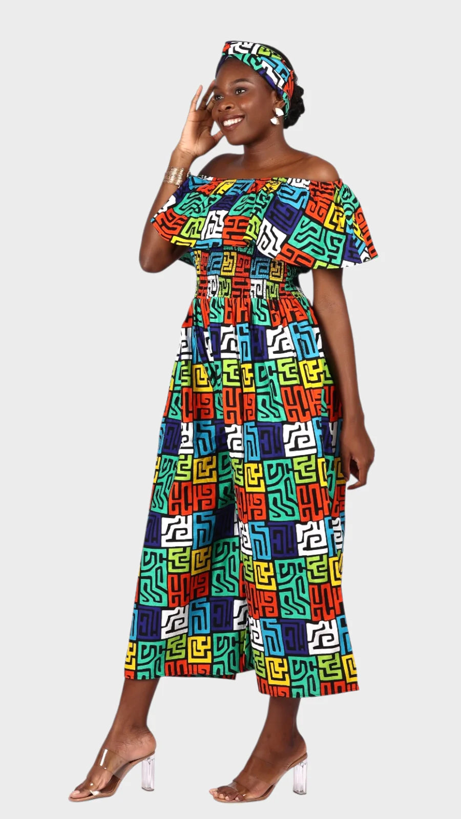 African Print Ruffled Neckline Jumpsuit / Romper (Blue)