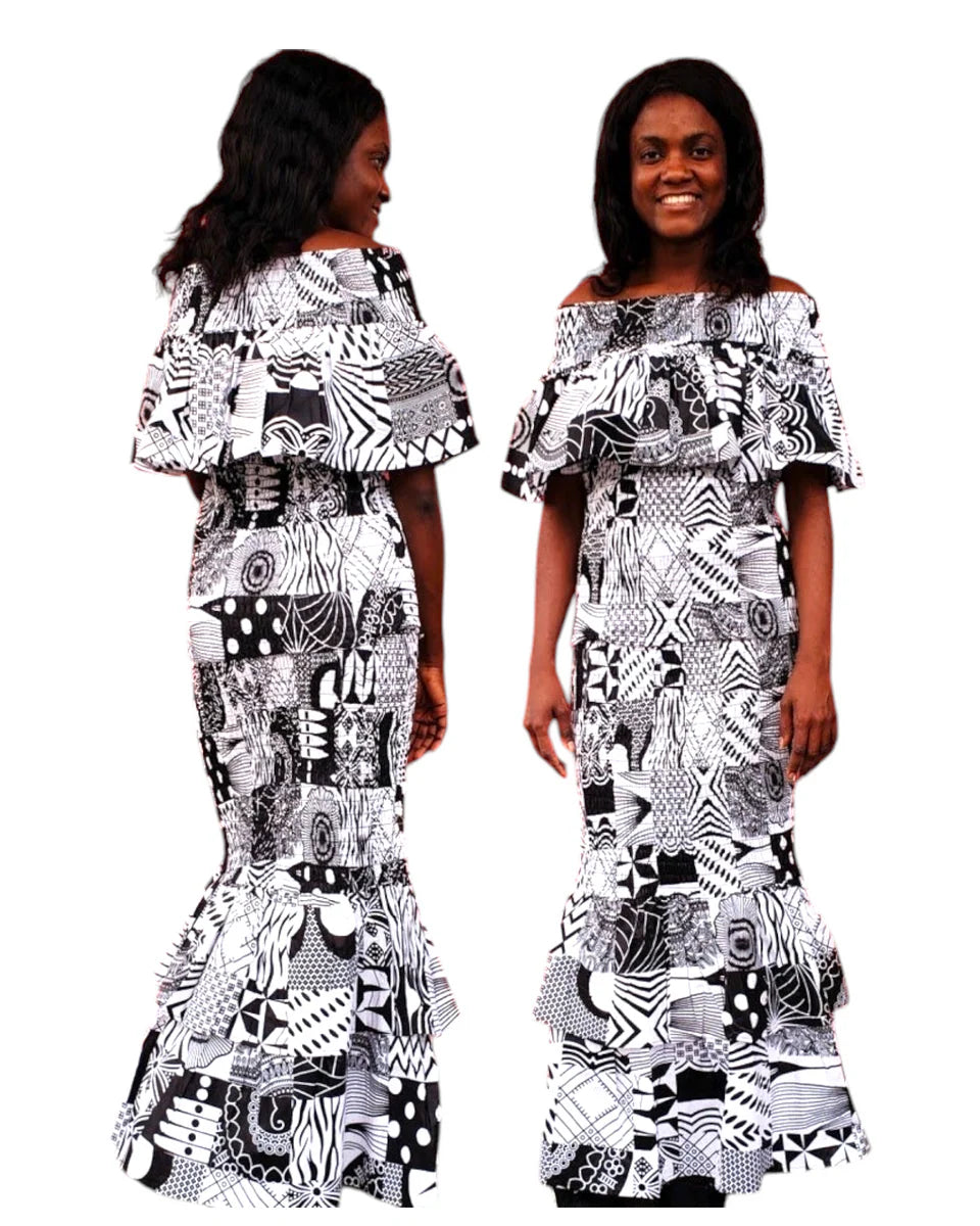 Women Smocked Skirt & Blouse Set-Black/White