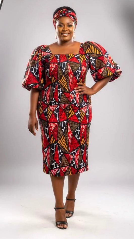 Fitted Smock Mid length Dress/ Puff Sleeve - Red Mosaic