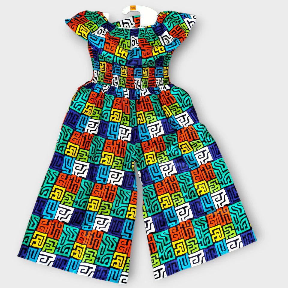 African Print Ruffled Neckline Jumpsuit / Romper (Blue)