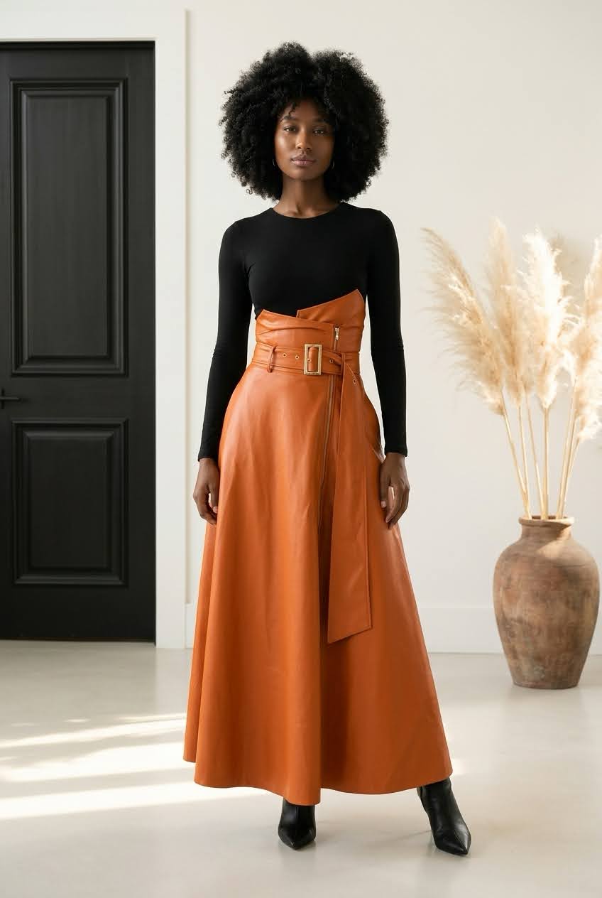 PU Urban Side Pocket Zipper Large Belt Synthetic Leather Skirt – Orange | US 14 / XXL