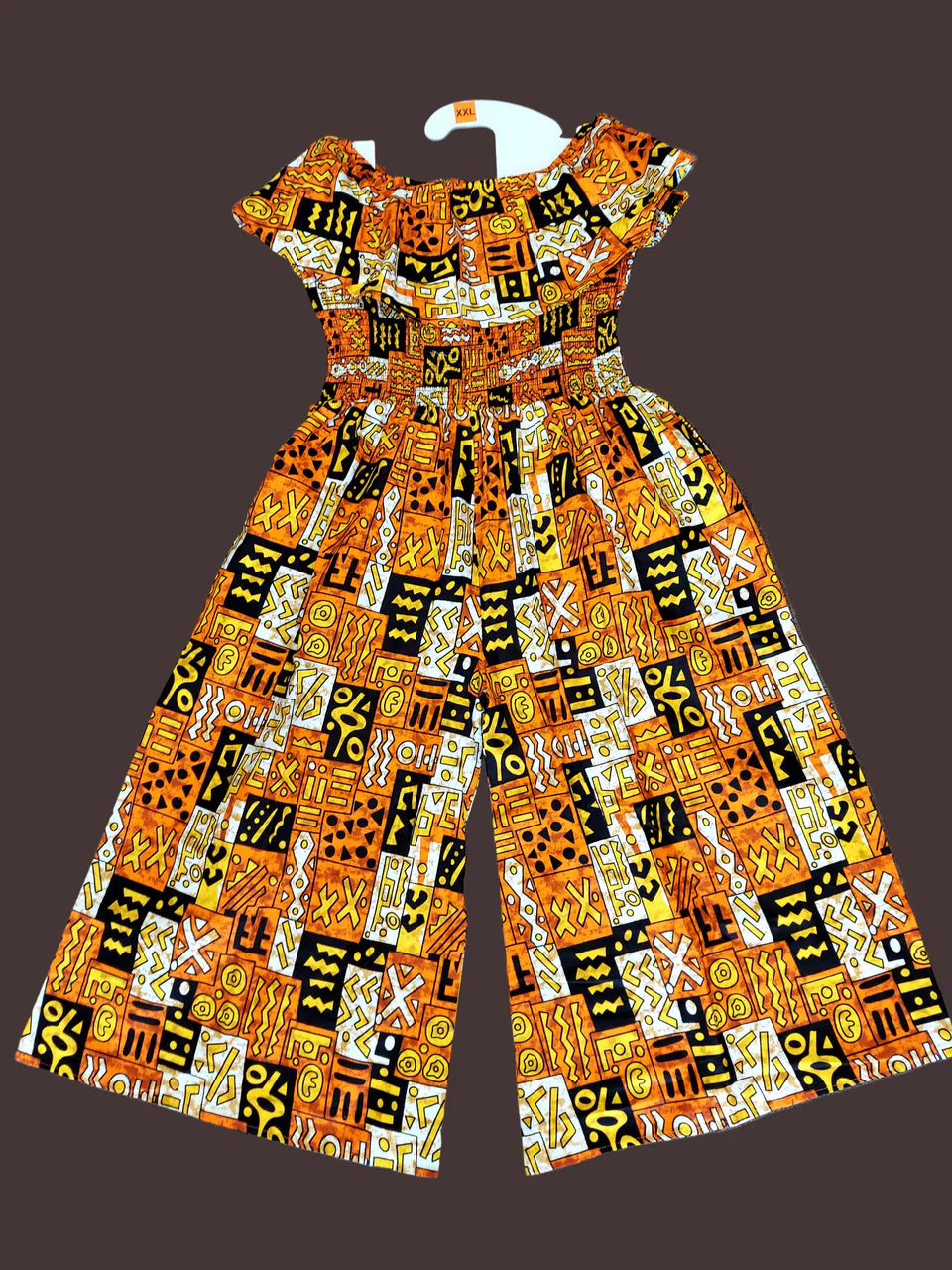 African Print Ruffled Neckline Jumpsuit / Romper (Brown) with Head Wrap