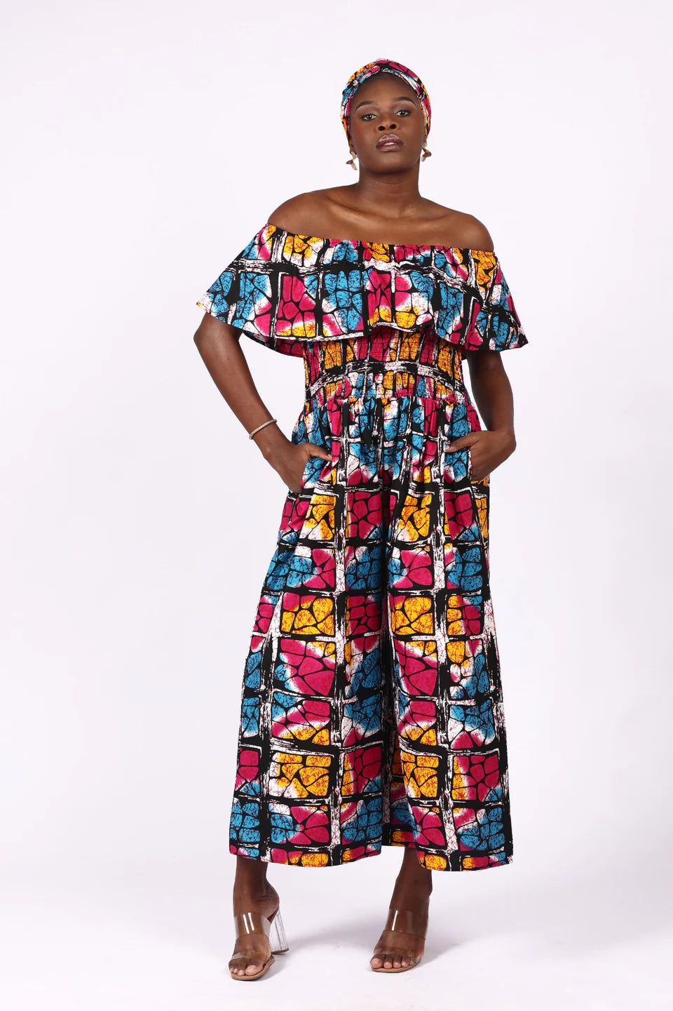 African Print Ruffled Neckline Jumpsuit / Romper (Blue, Pink, Yellow)