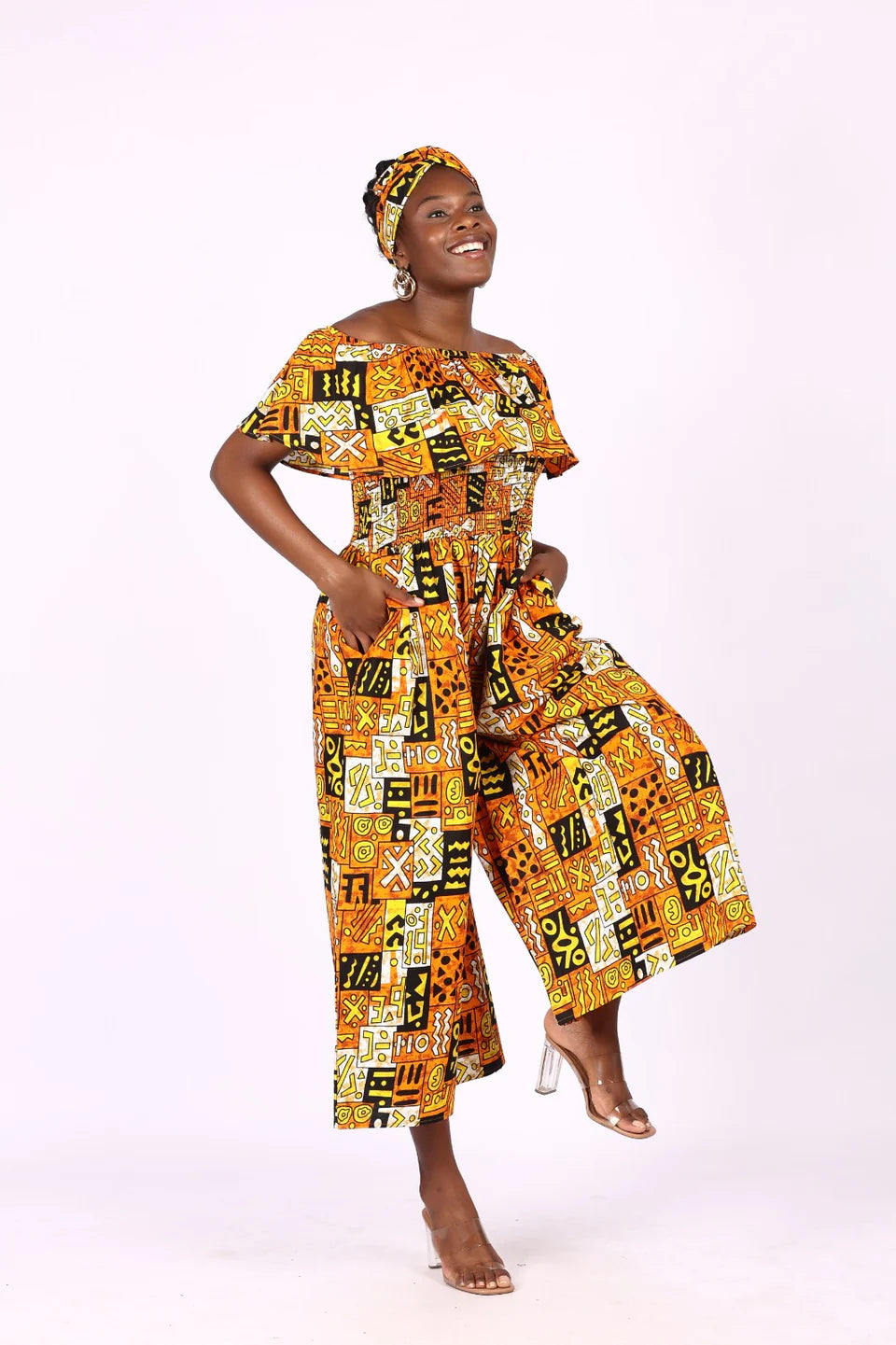 African Print Ruffled Neckline Jumpsuit / Romper (Brown) with Head Wrap