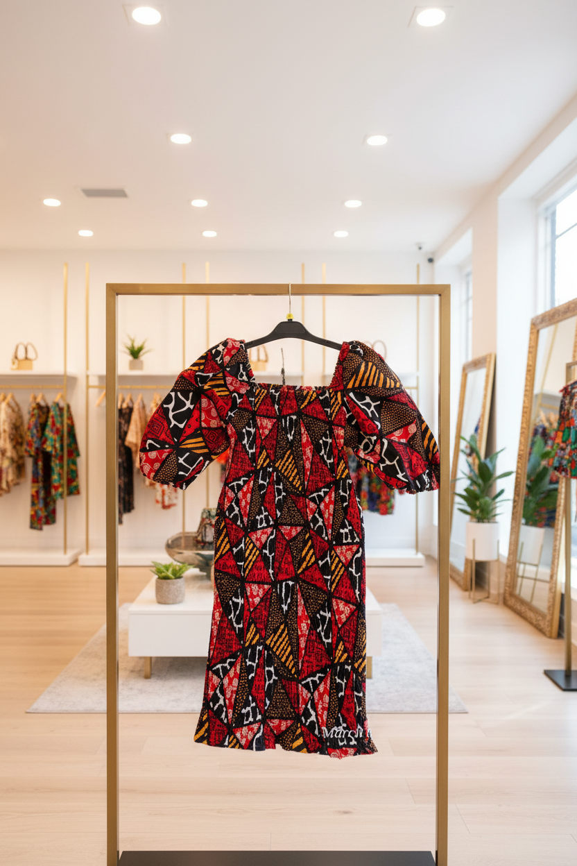 Fitted Smock Mid length Dress/ Puff Sleeve - Red Mosaic