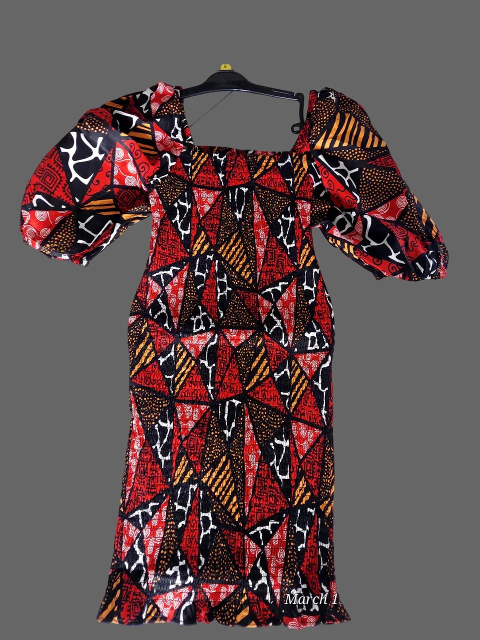 Fitted Smock Mid length Dress/ Puff Sleeve - Red Mosaic