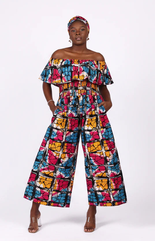 African Print Ruffled Neckline Jumpsuit / Romper (Blue, Pink, Yellow)