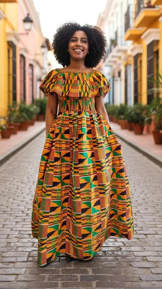 Maxi Frill Dress / Orange Kente