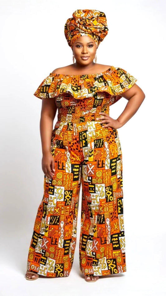 African Print Ruffled Neckline Jumpsuit / Romper (Brown)
