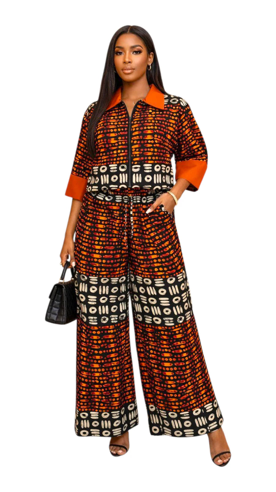 Two Piece Set / Top & Pants Set, Orange Black Patterned