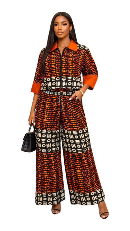Two Piece Set / Top & Pants Set, Orange Black Patterned