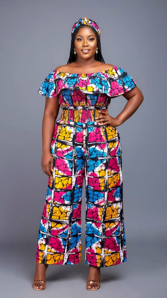 African Print Ruffled Neckline Jumpsuit / Romper (Blue, Pink, Yellow)