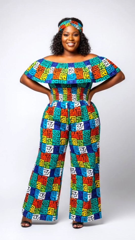 African Print Ruffled Neckline Jumpsuit / Romper (Blue)