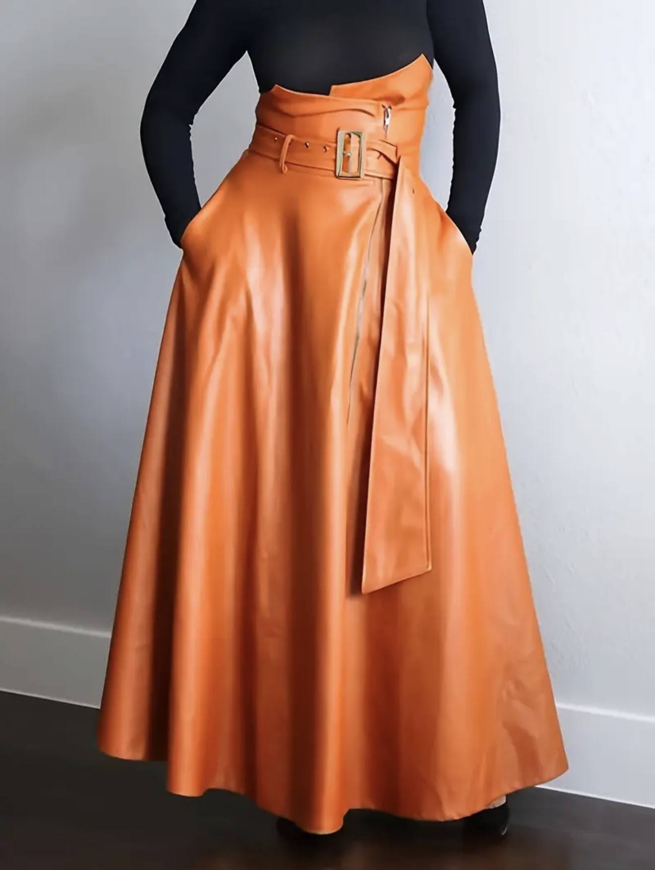 PU Urban Side Pocket Zipper Large Belt Synthetic Leather Skirt – Orange | US 14 / XXL