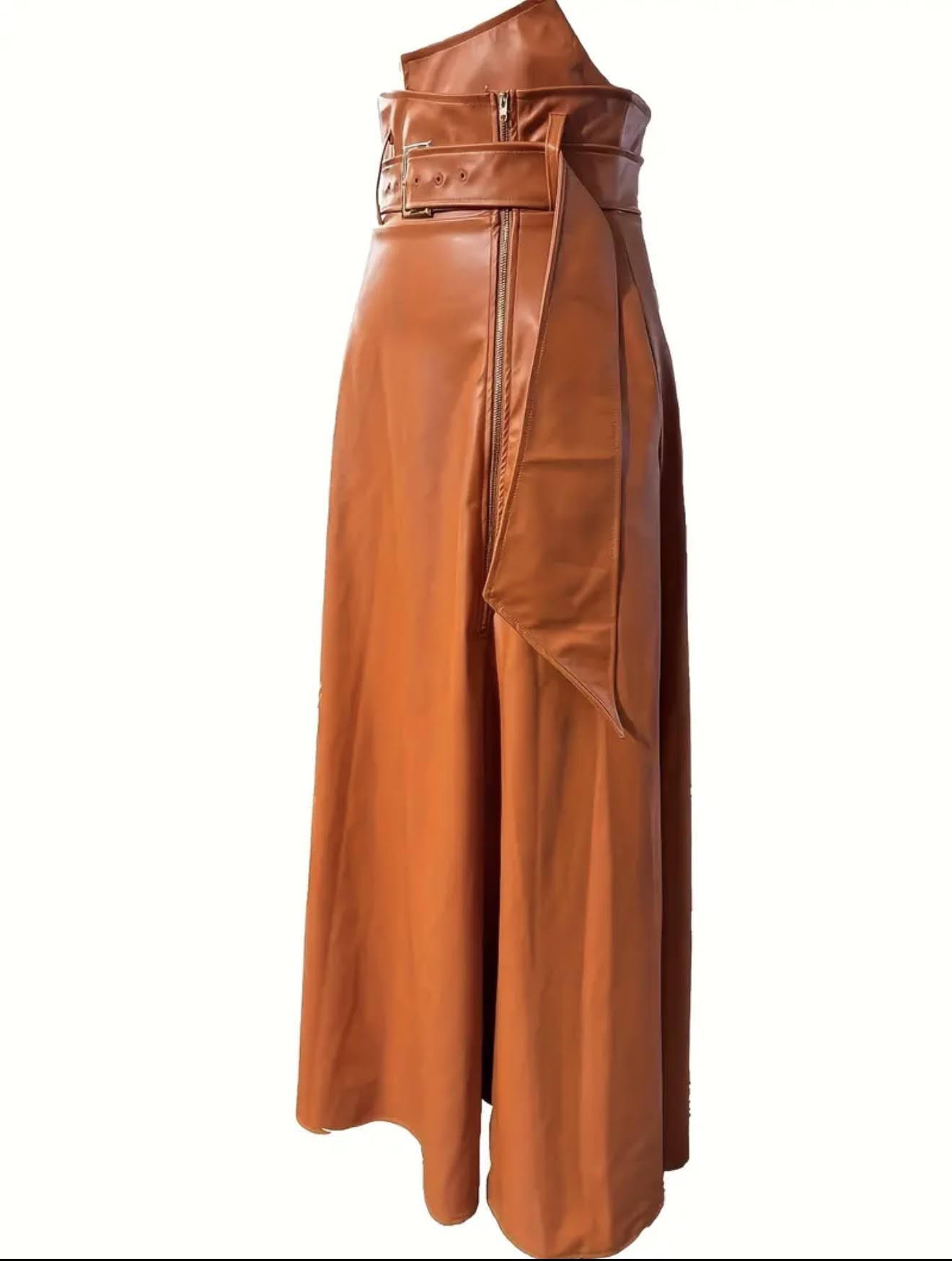 PU Urban Side Pocket Zipper Large Belt Synthetic Leather Skirt – Orange | US 14 / XXL