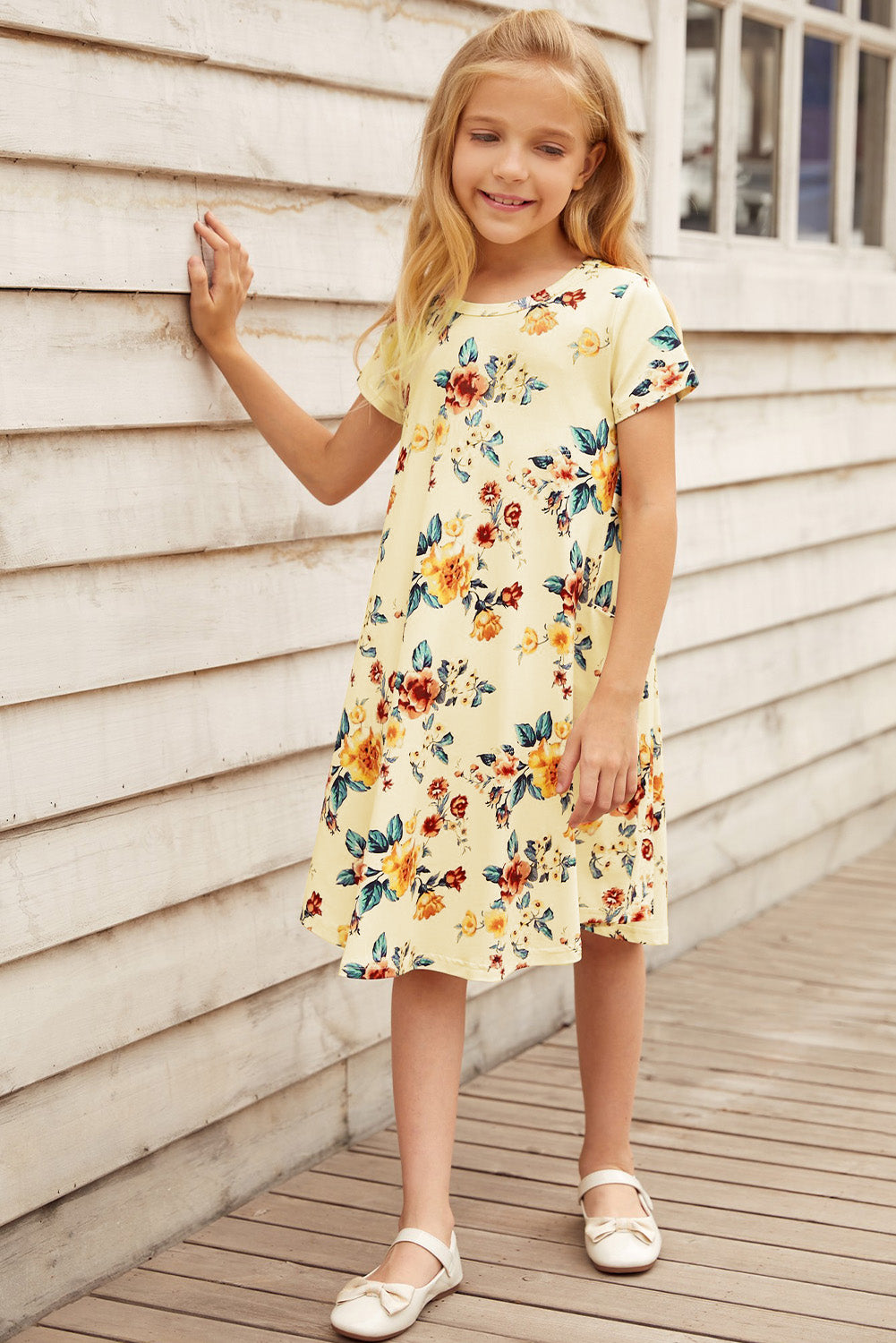 Girls Floral Round Neck Short Sleeve Dress with Pockets, Sizes 4Y - 11Y