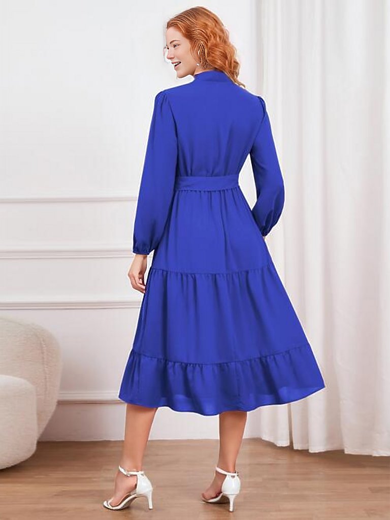 Tie Neck Long Sleeve Tiered Dress