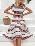 Printed V-Neck Smocked Flutter Sleeve Dress