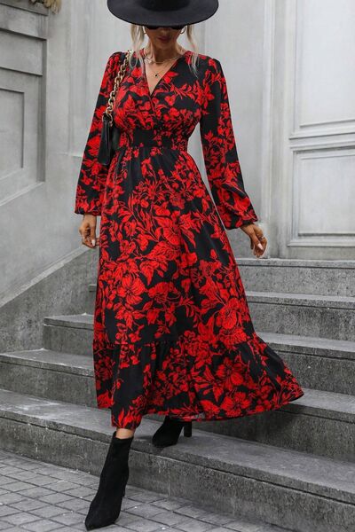 Red Printed Surplice Balloon Sleeve Midi Dress