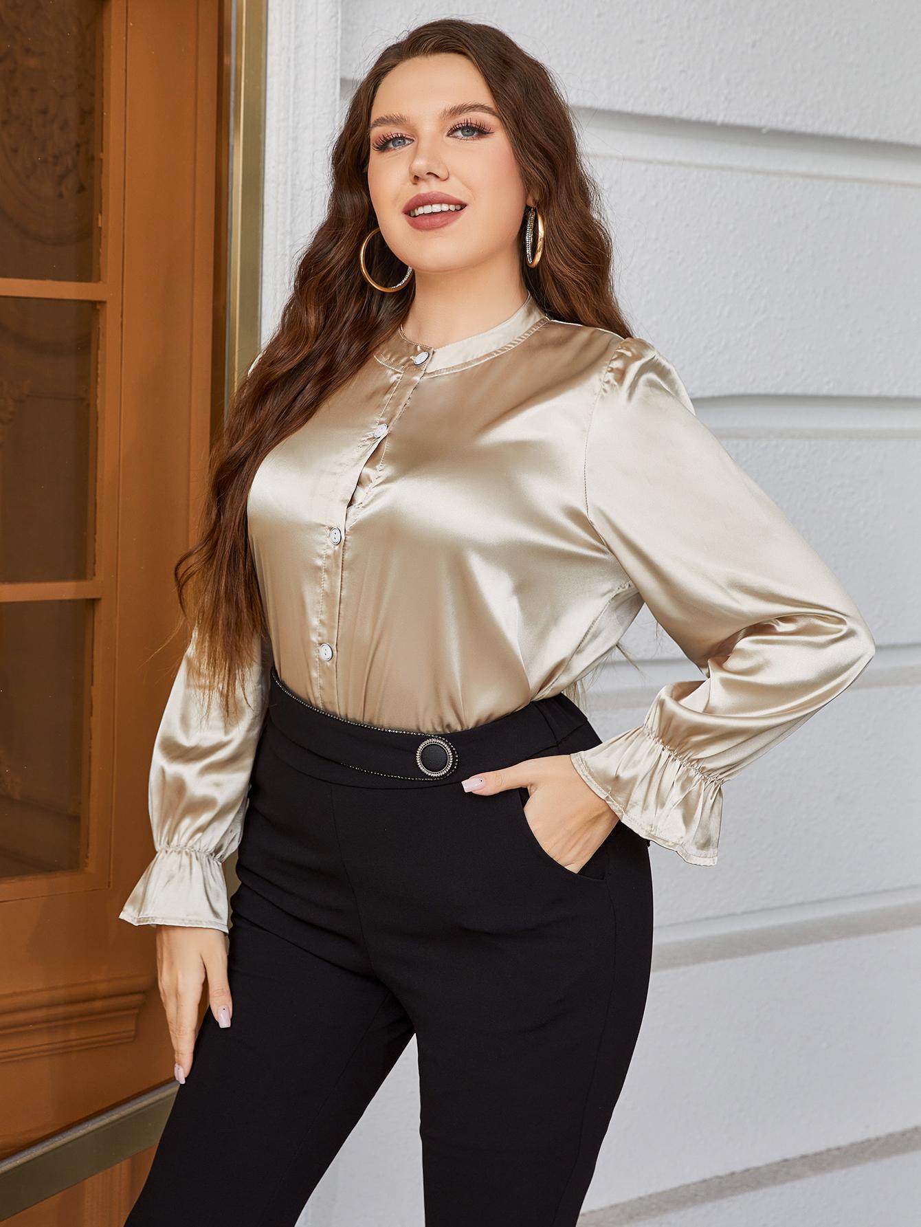 Uylee's Boutique Plus Size Flounce Sleeve Band Collar Shirt