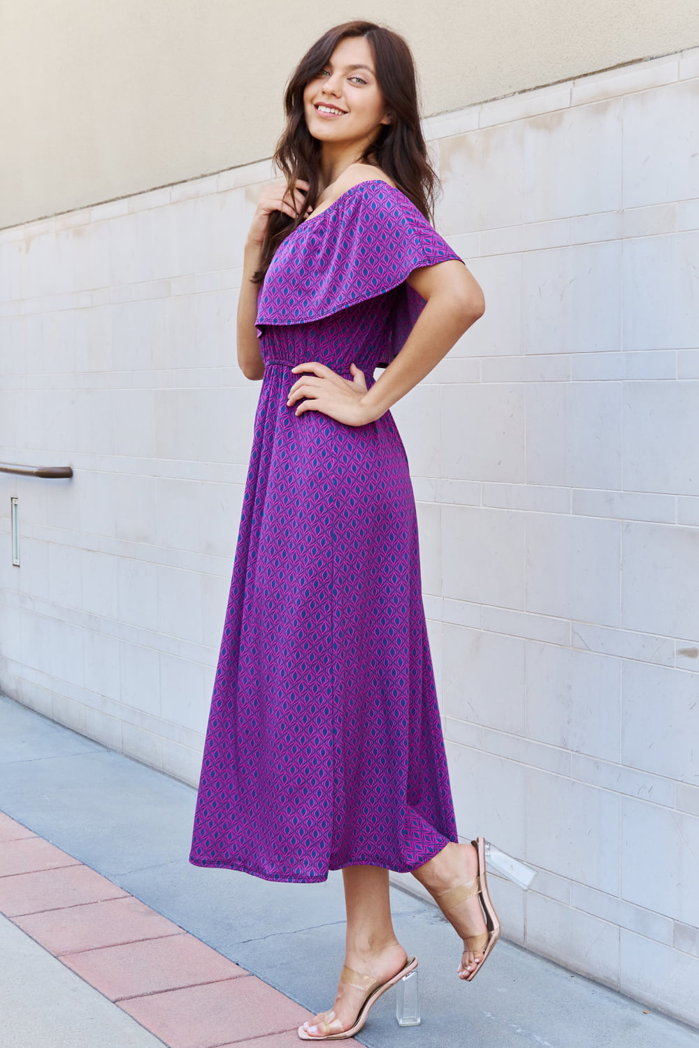 Uylees Boutique  My Best Angle Geometric Pattern Off The Shoulder Midi Dress in Purple